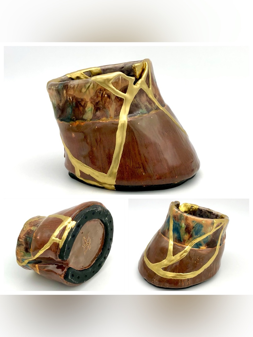 Kintsugi Pottery Horse Hoof Cup Vase Cache Horseshoe Gold Crack Growth Gift